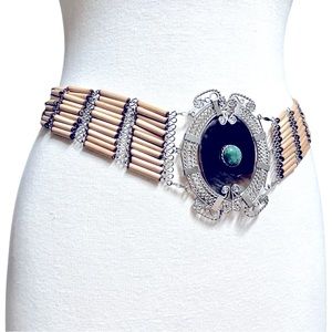Vintage Bohemian Belt with Malachite Stone, Silver, Wood, Horn Handmade Ethic